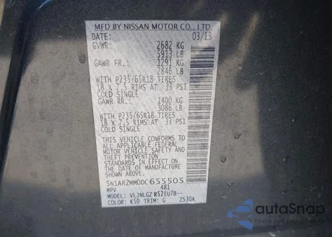 2013 Nissan Pathfinder Sl from USA, damaged, VIN 5N1AR2MM0DC655505